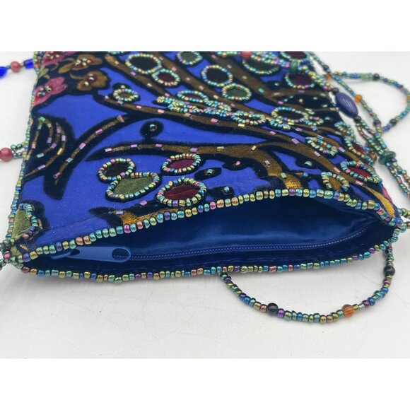 Beaded Velvet Evening Bag With Blue & Multicolor Floral Embroidery Zipper Closur - Picture 5 of 5
